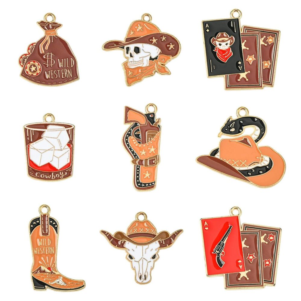 2857 36 pcs 9 Styles Cowboy Theme Alloy Enamel Charms Western Hat Boot